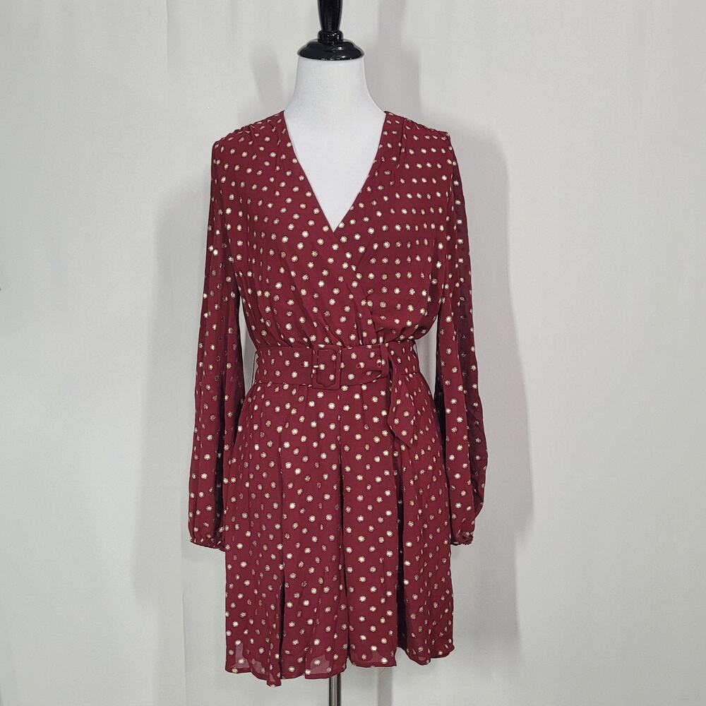 Yumi Kim Wine Hot Spot Heartbeat Mini Dress Surplice Long Blouson Sleeves Small